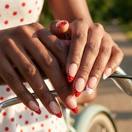 French With a Twist | Rosy Dots French Almond Medium Press on nail