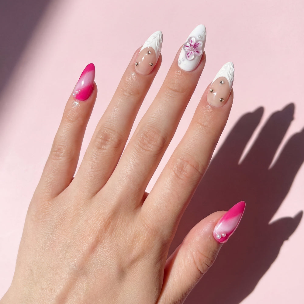 Floral Pink Daiquiri press-on nails 3D detail shot — almond shape | GlossyMuse