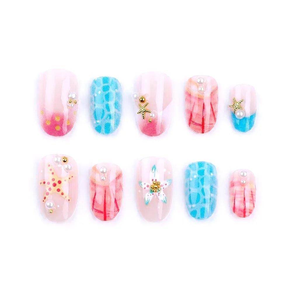 Tide Pool Beach Marble Square Short Press on nail - Pink Blue Marble Starfish Floral Pearl Summer