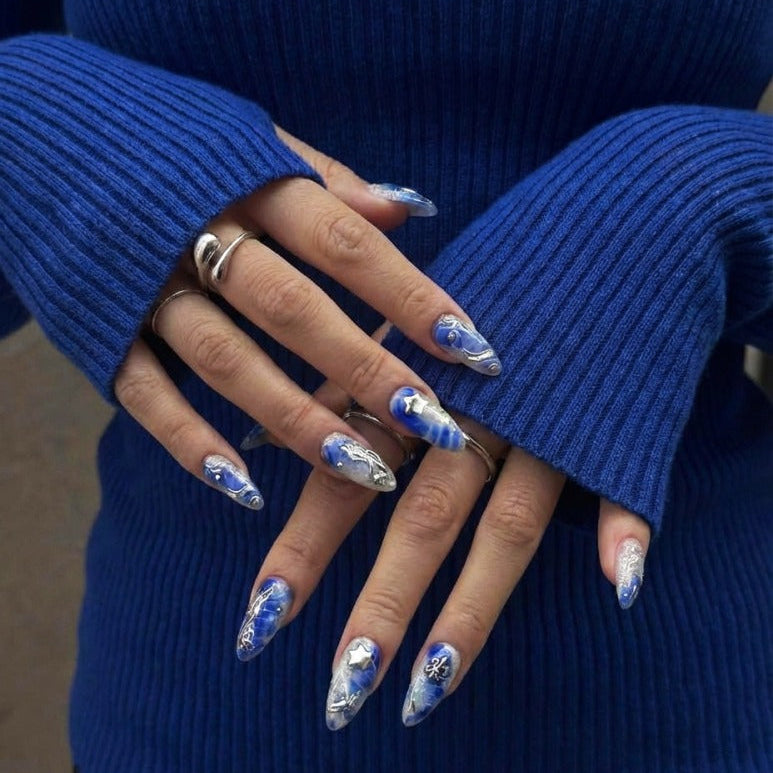 Futuristic Blue Silver press-on nails — angle view 6 | GlossyMuse
