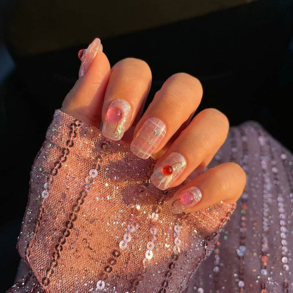 Sparkling Cherry Float | Pink Parfait Short Square Press-On Nails