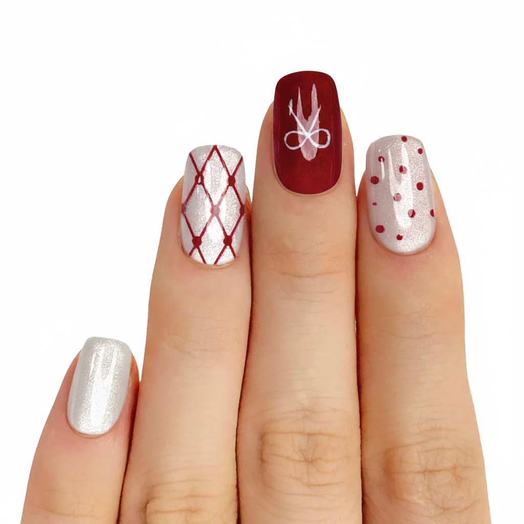 Model wearing Berry Belted Grid almond press-on nails — lifestyle close-up | GlossyMuse