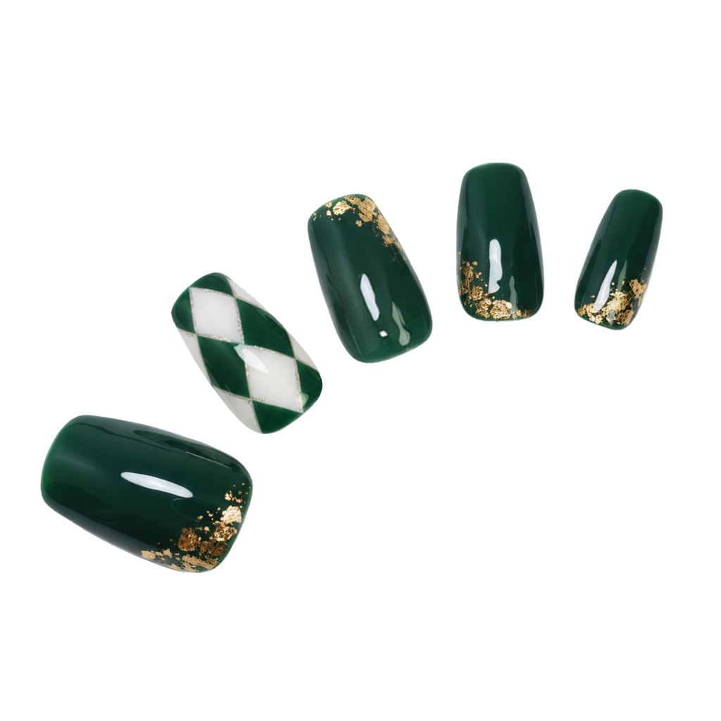 Green Checker Golden Queen almond medium handcrafted press-on nails — front view | GlossyMuse