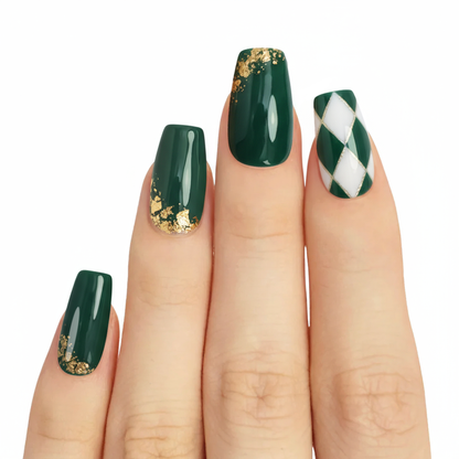 Model wearing Green Checker Golden Queen almond press-on nails — lifestyle close-up | GlossyMuse