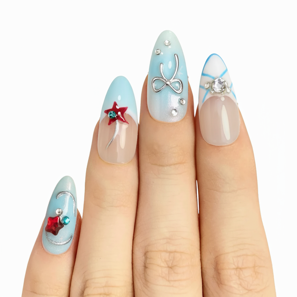 Model wearing Cherry Innocent Bowknot almond press-on nails — lifestyle close-up | GlossyMuse