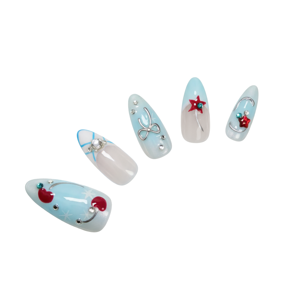 Cherry Innocent Bowknot almond medium handcrafted press-on nails — front view | GlossyMuse