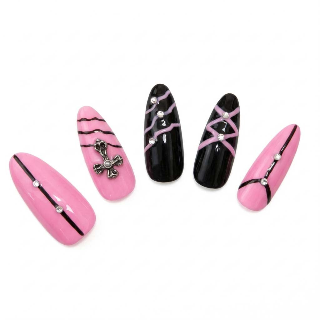 Black Cross Honey almond medium handcrafted press-on nails — front view | GlossyMuse