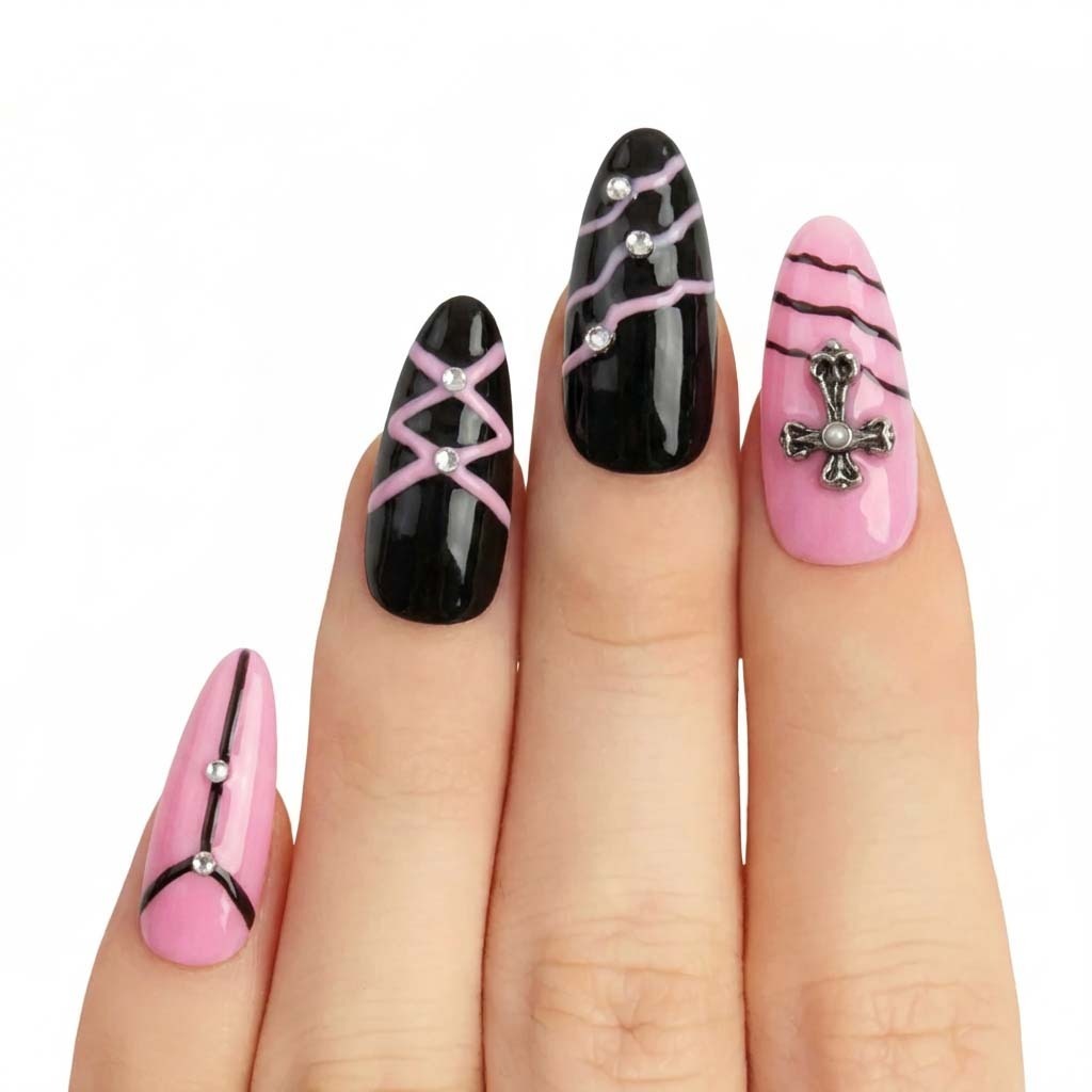 Model wearing Black Cross Honey almond press-on nails — lifestyle close-up | GlossyMuse