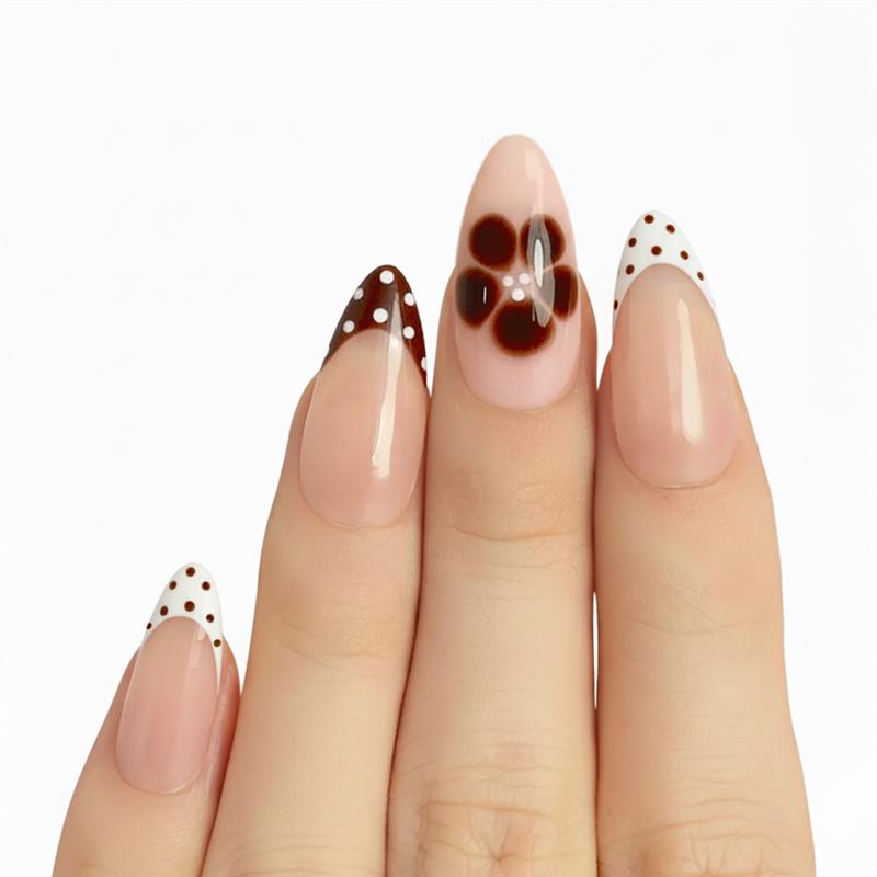 Model wearing Brown Polka Dot - 24PCS almond press-on nails — lifestyle close-up | GlossyMuse