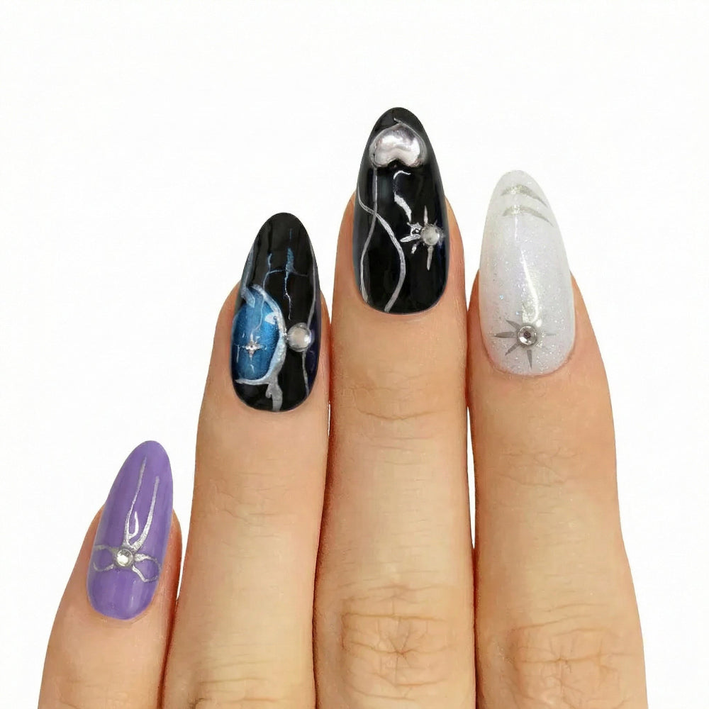 Model wearing Shimmery White & Purple Star almond press-on nails — lifestyle close-up | GlossyMuse