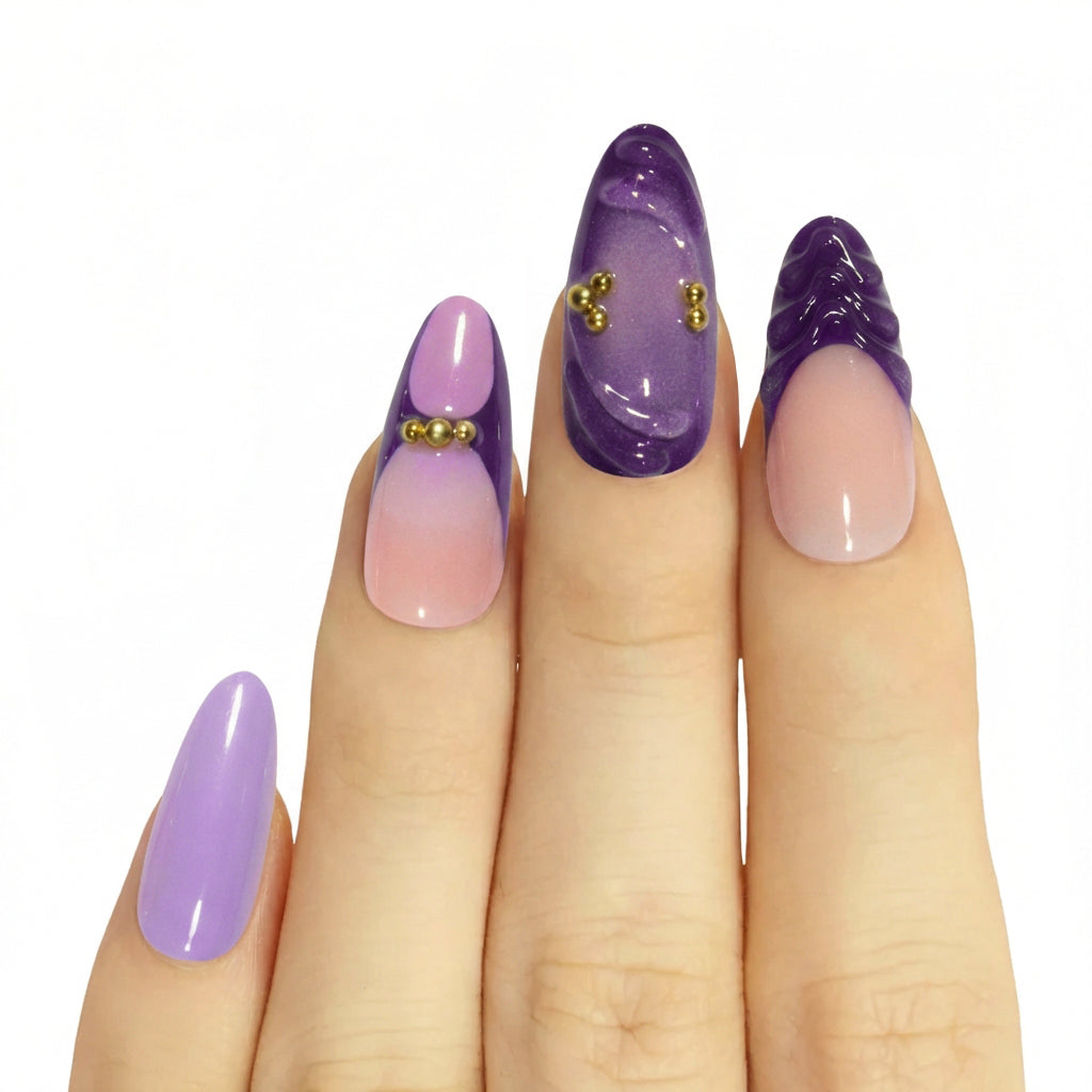Model wearing Purple Love-Shot almond press-on nails — lifestyle close-up | GlossyMuse