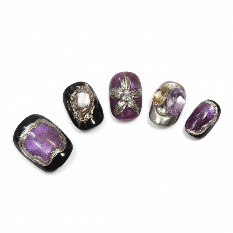 Royal Purple & Black Gemstone Floral almond medium handcrafted press-on nails — front view | GlossyMuse