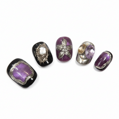 Royal Purple & Black Gemstone Floral almond medium handcrafted press-on nails — front view | GlossyMuse