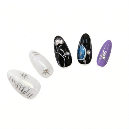 Shimmery White & Purple Star almond medium handcrafted press-on nails — front view | GlossyMuse