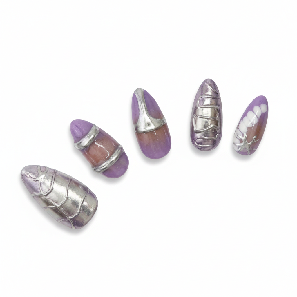 Glam Purple & Silver Textured almond medium handcrafted press-on nails — front view | GlossyMuse
