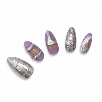 Glam Purple & Silver Textured almond medium handcrafted press-on nails — front view | GlossyMuse