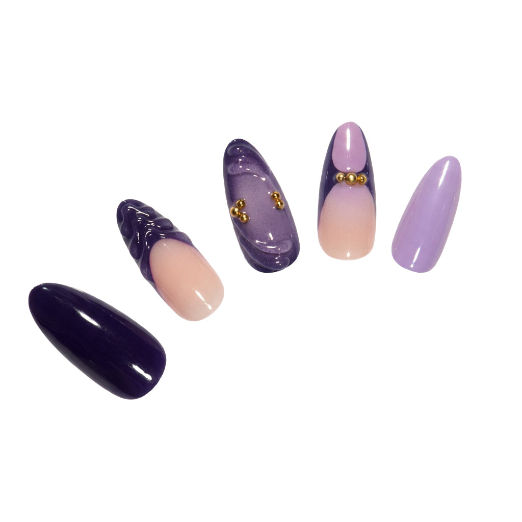 Purple Love-Shot almond medium handcrafted press-on nails — front view | GlossyMuse